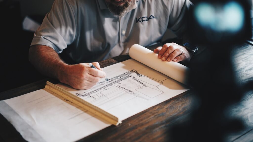 Photo by Daniel McCullough An architect working on a draft with a pencil and ruler